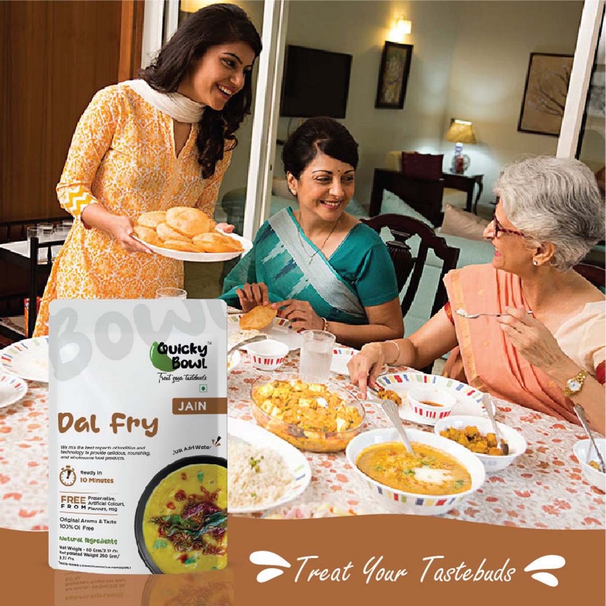 Grandma enjoying jain dal fry for dinner with her friend Grandma enjoying jain dal fry for dinner with her friend