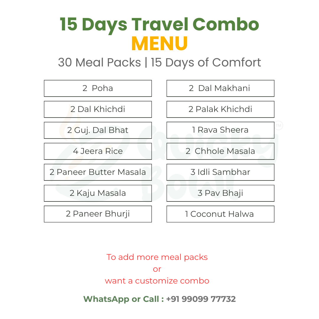 15 Days Travel Combo Menu with various meal pack options on a white background