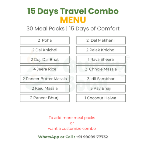 15 Days Travel Combo Menu with various meal pack options on a white background