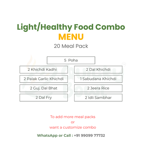 Light/Healthy Food Combo Menu with various food items and quantities on a white background.