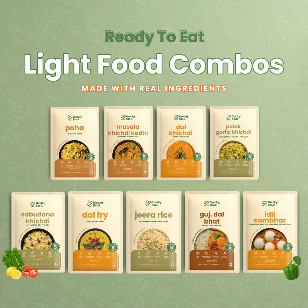 Assorted ready-to-eat light food combos with packaging on a green background