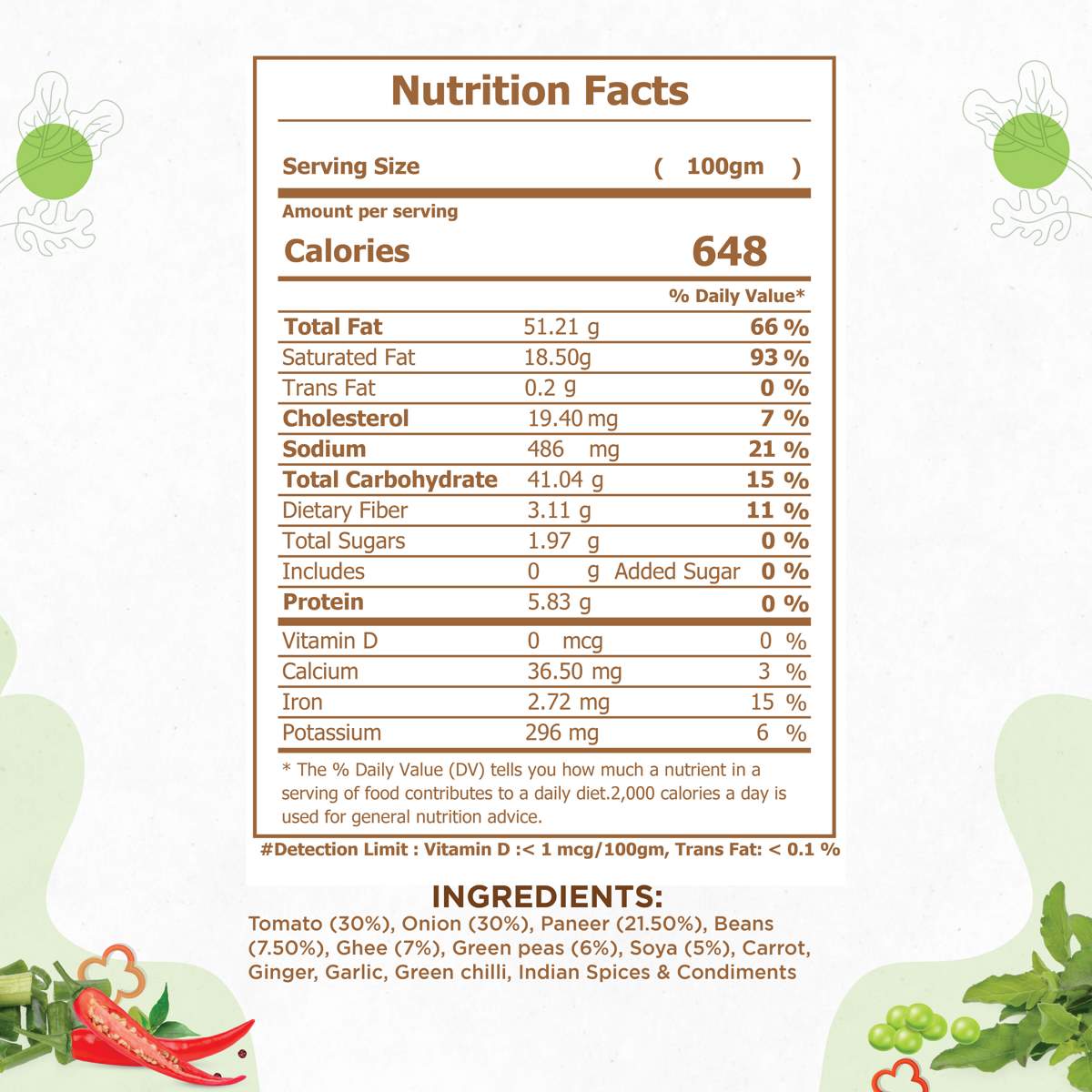 Veg Kheema Masala Nutrition Facts